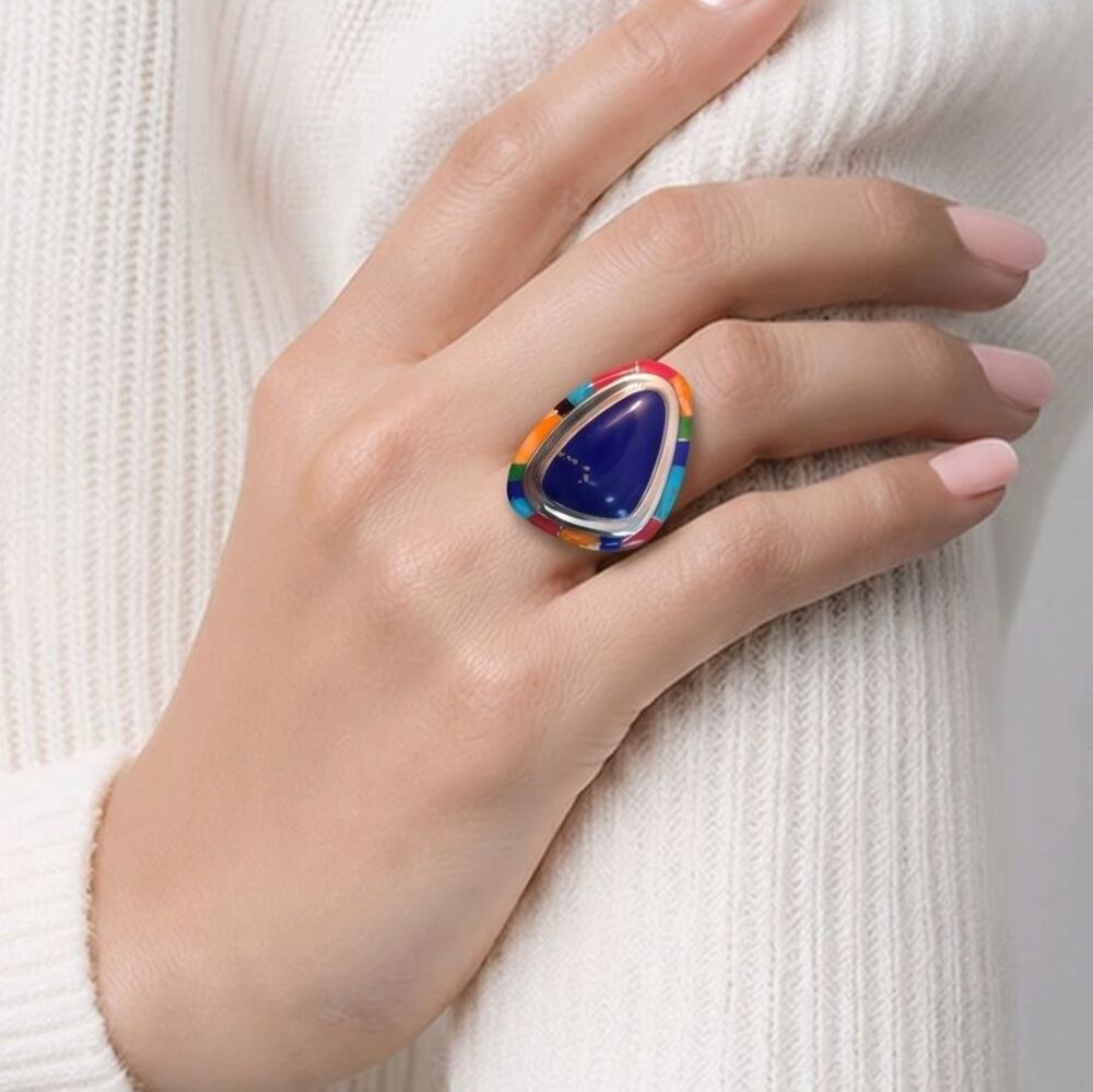 San Felipe Dennis Ramone DR Sterling Silver Multicolor Inlay Teardrop Ring 8